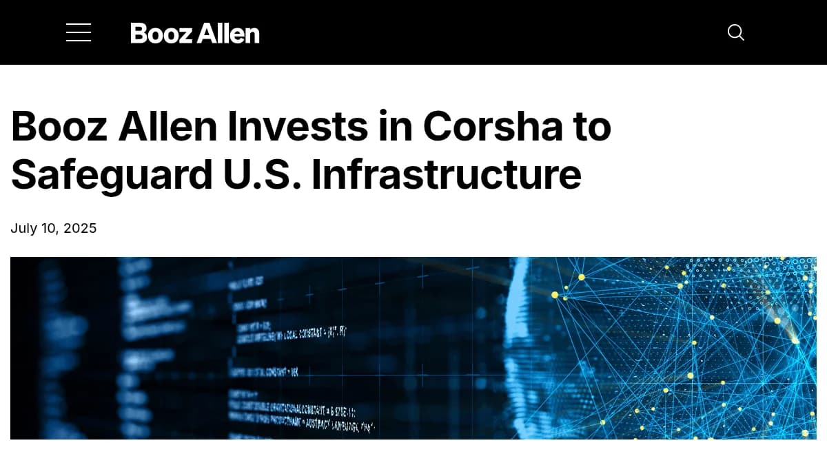 Booz Allen Ventures Invests in Corsha for Critical Infrastructure Cybersecurity