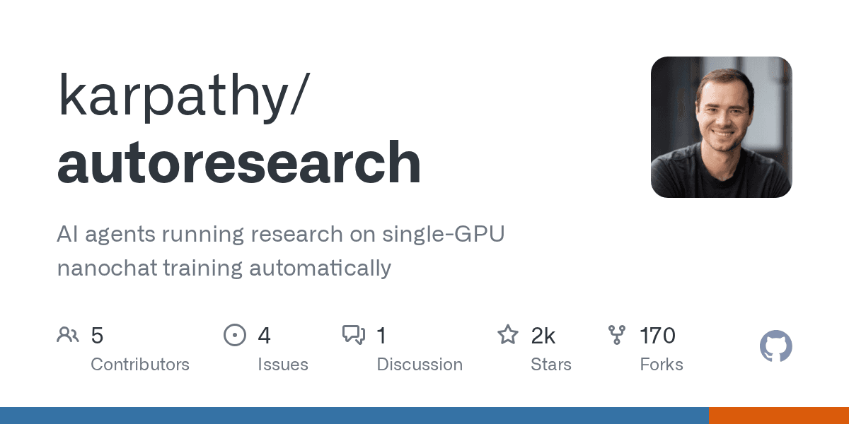 Screenshot of the autoresearch GitHub repository README file.