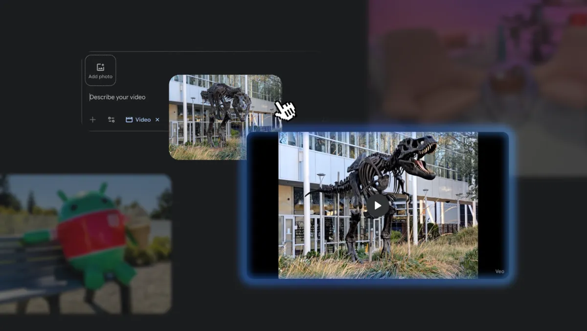 A digital illustration showing Google Gemini photo video AI transforming a static photograph of a landscape into a dynamic video with subtle motion effects.