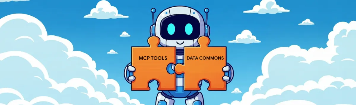 A stylized graphic representing interconnected data nodes and AI processing, illustrating the purpose of Data Commons AI in standardizing public data for developers.