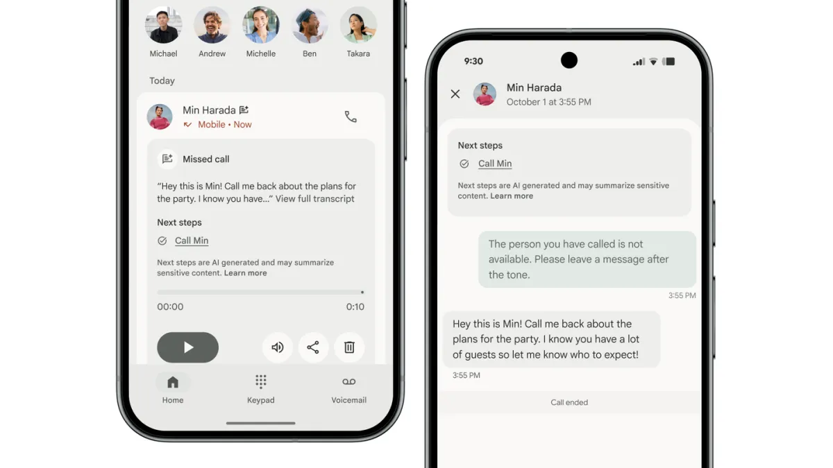 A Pixel phone displaying the 'Take a Message' interface, showing a real-time transcription of an incoming call being screened by Google Assistant.