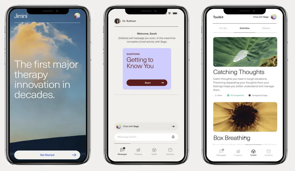 Jimini Health platform showcasing its AI-augmented therapy experience.