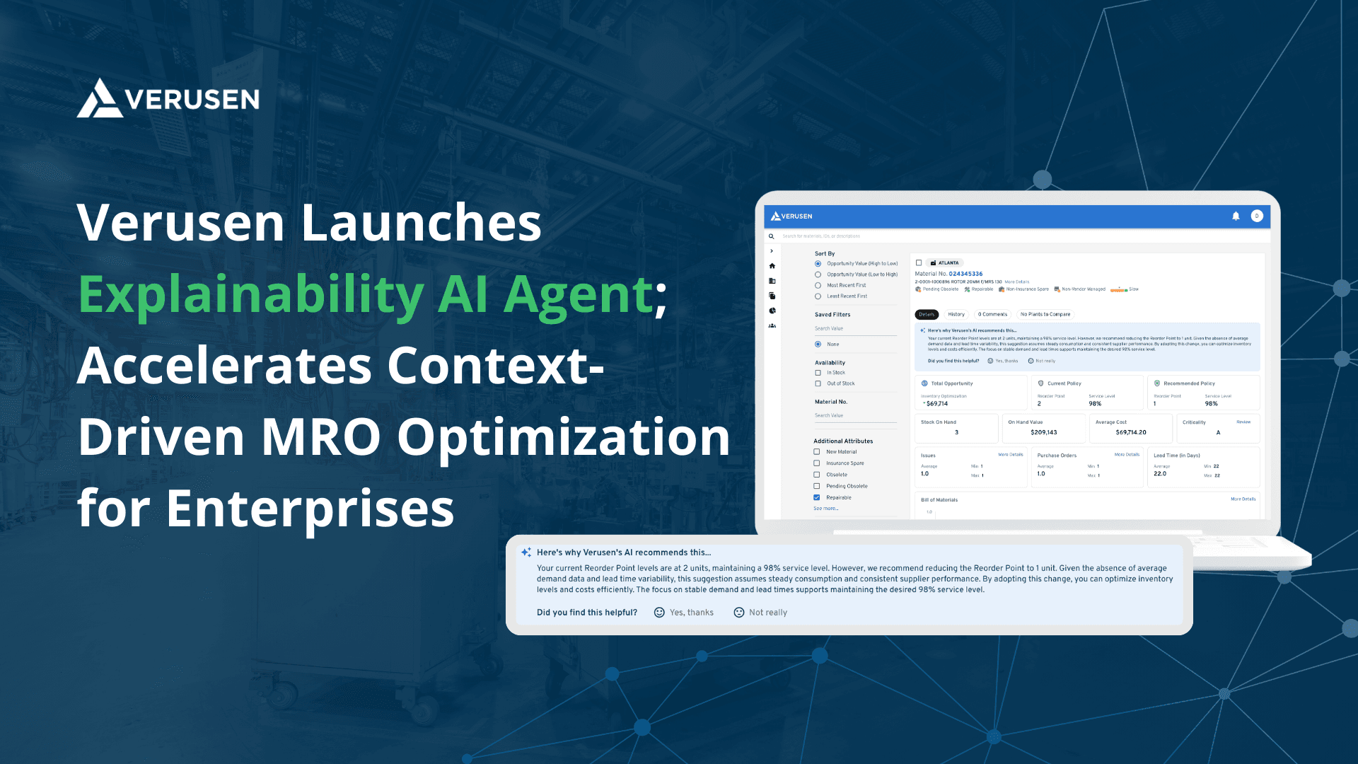 Verusen Launches Explainability AI Agent; Accelerates Context-Driven MRO Optimization for Enterprises