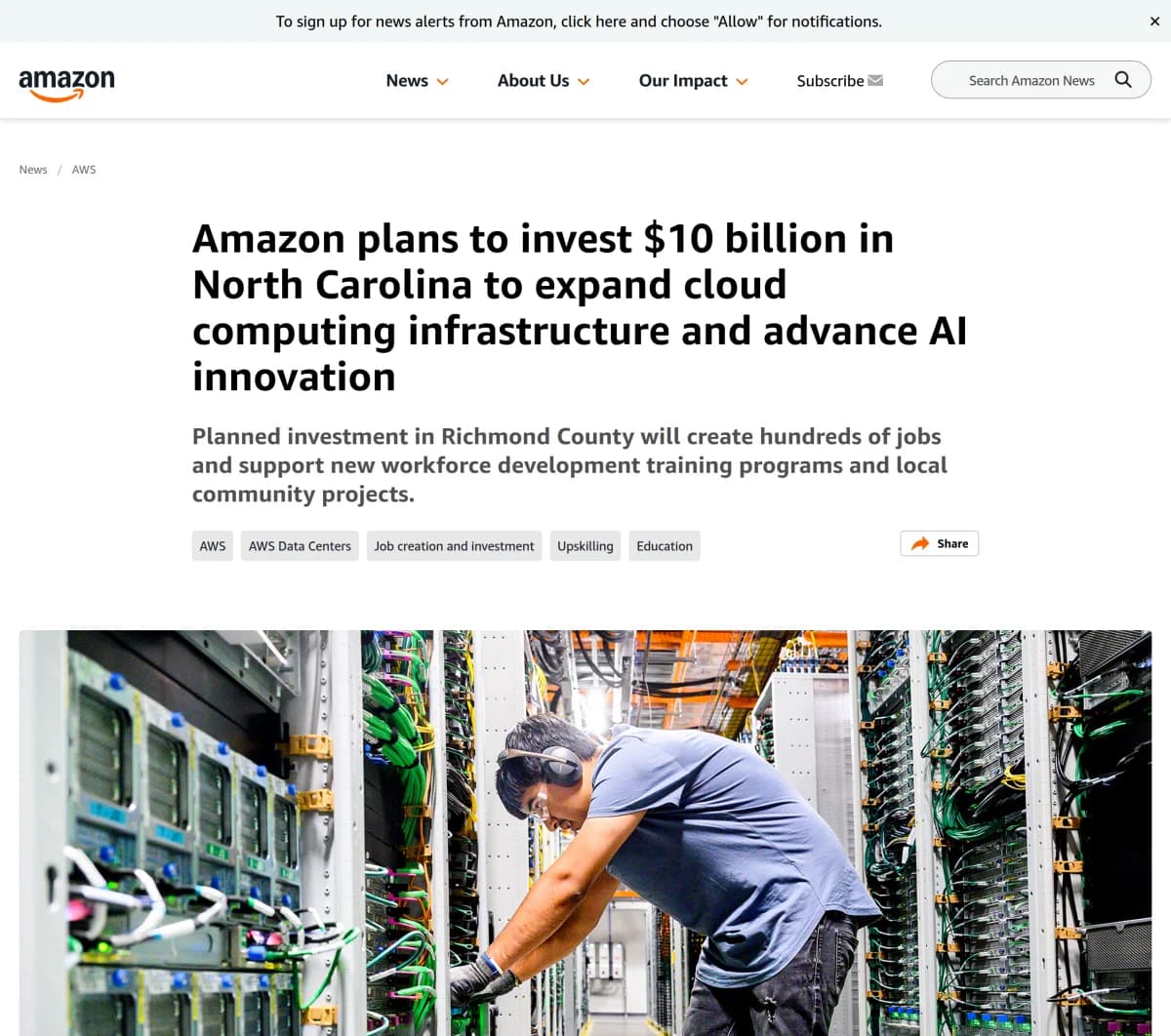 Screenshot of Amazon $10 Billion North Carolina Data Center Investment