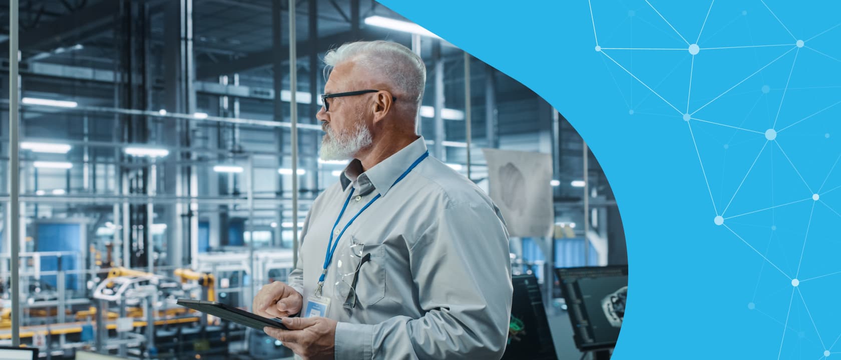 A graphic illustrating data flowing into a factory, with AI icons representing insights and optimization.