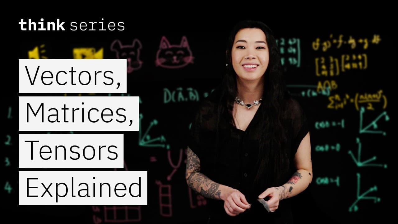 Fangfang Lee, Developer Advocate at IBM, stands against a black background, gesturing towards mathematical concepts written on a board.