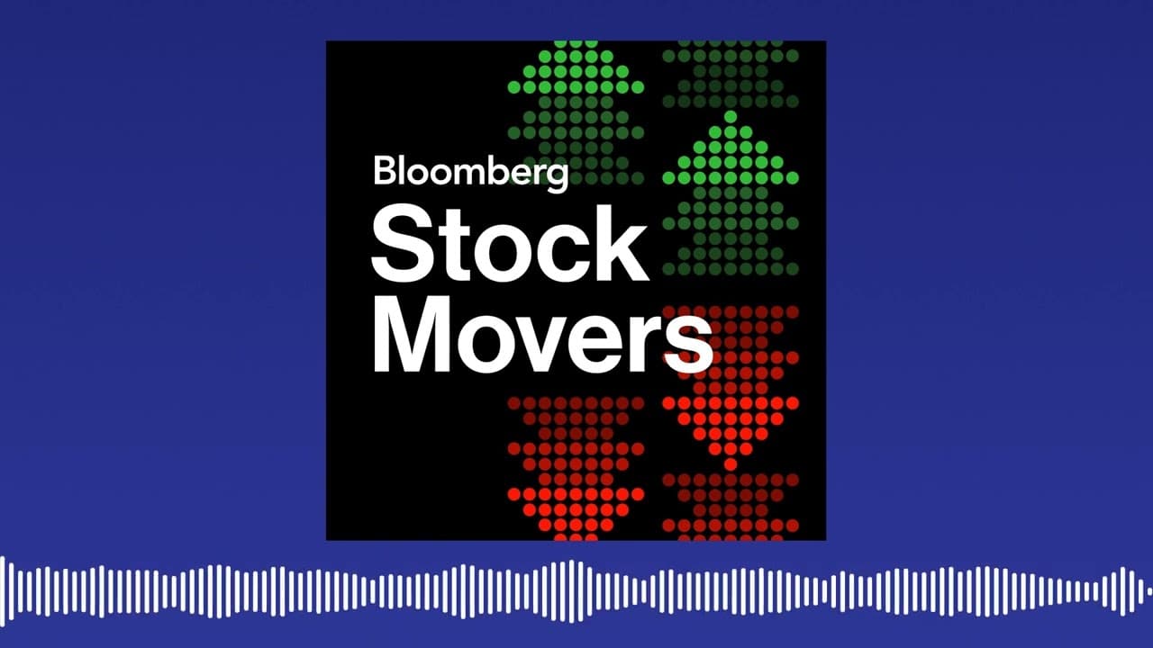 Illustration showing upward green arrows and downward red arrows, with "Bloomberg Stock Movers" text in the center.
