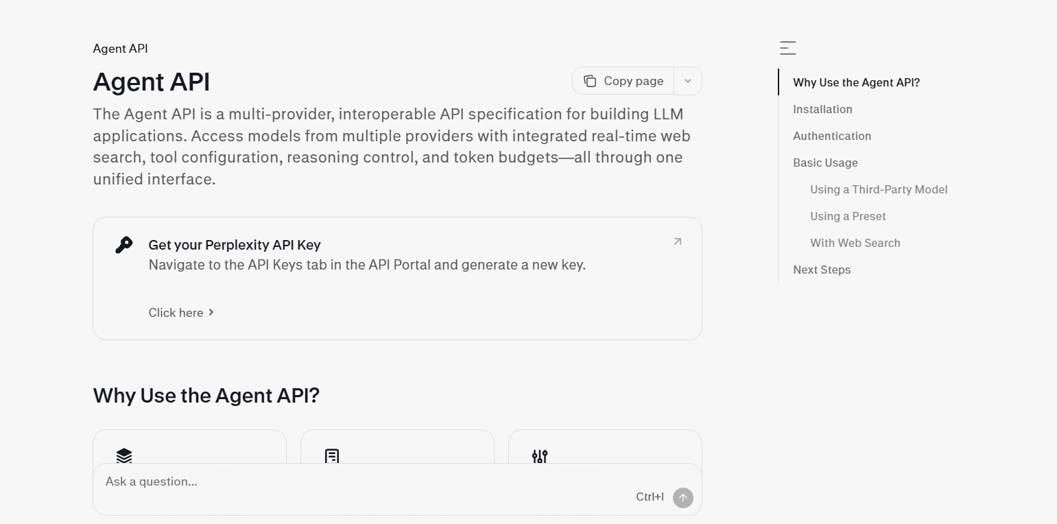 Perplexity Agent API interface showing LLM model access and web search integration