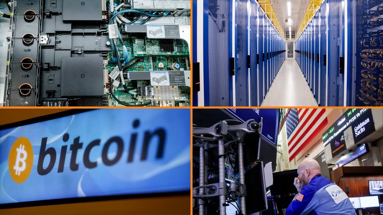 Server racks in a data center, symbolizing AI infrastructure and large-scale computing, with text overlays about OpenAI's valuation and Bitcoin.