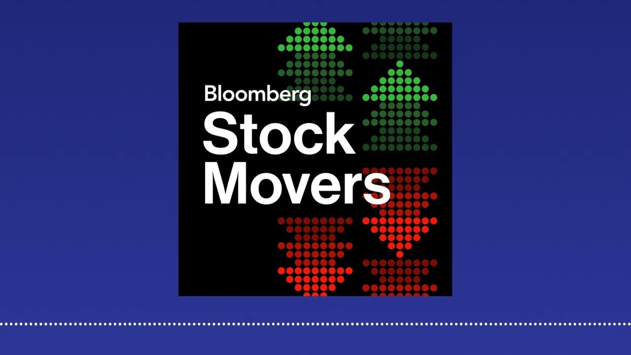 Bloomberg Stock Movers podcast logo with upward and downward trending arrows.
