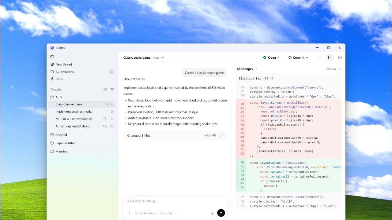 Man speaking in front of a laptop displaying the Codex application interface on Windows