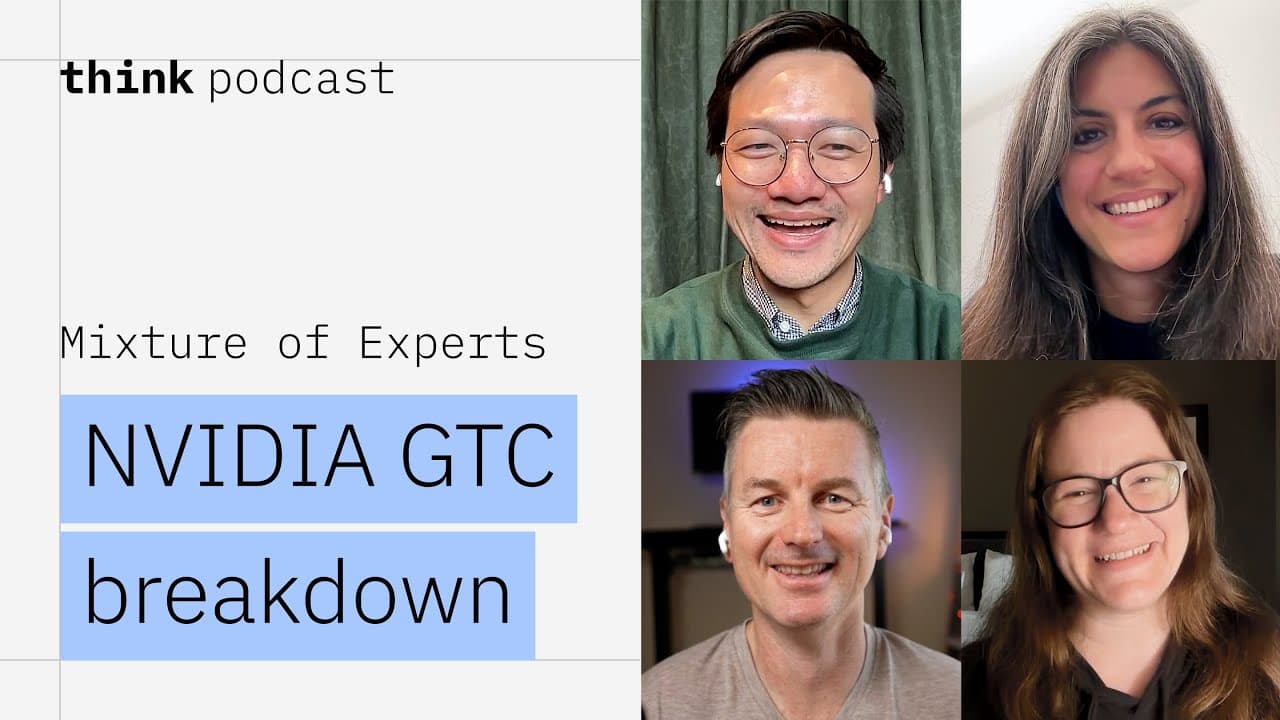 Four people in a video call grid discussing AI, with the title "Mixture of Experts" and "think podcast" visible.