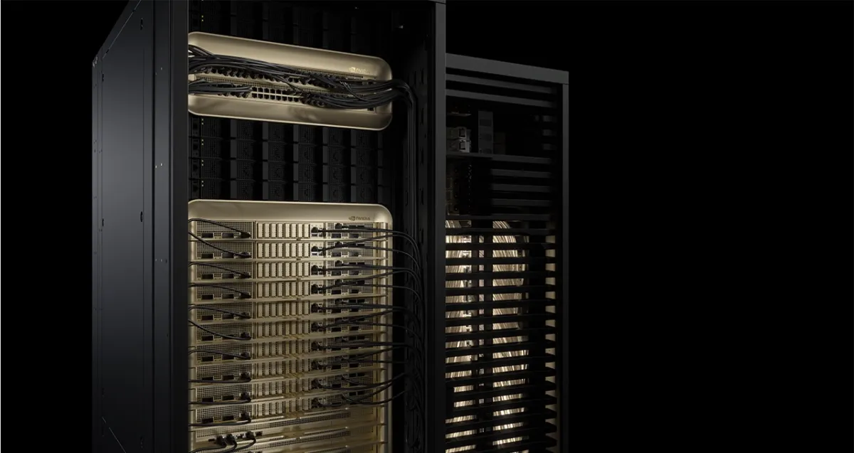 ** A detailed view of liquid-cooled NVIDIA GB300 NVL72 racks within a Microsoft Azure data center, showcasing the advanced supercomputing cluster for AI. **