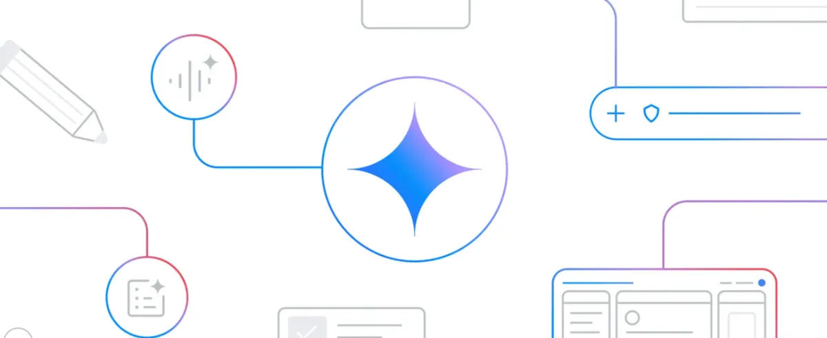 A diverse group of university students actively using laptops and tablets, with a subtle overlay of the Gemini AI logo, representing free Gemini for students.