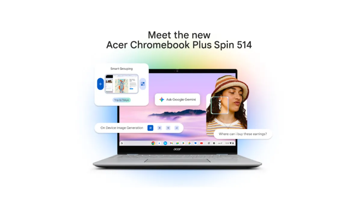 Acer Chromebook Plus Spin 514 showcasing its 360-degree design and AI features, representing the new era of AI Chromebooks.