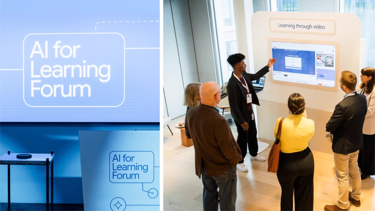 Ben Gomes speaking at a Google AI for Learning Forum, discussing the future of AI in education and its impact on students and teachers.