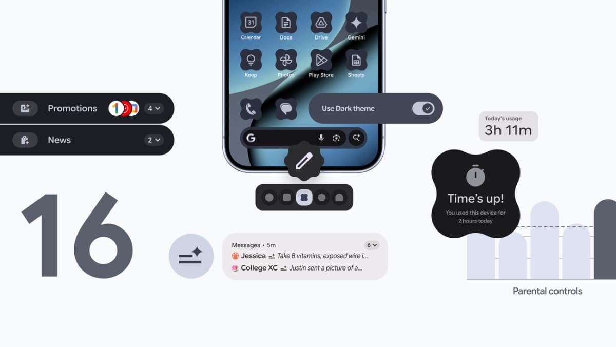 A smartphone displaying Android 16 generative AI notification summaries, showing condensed messages and organized alerts.