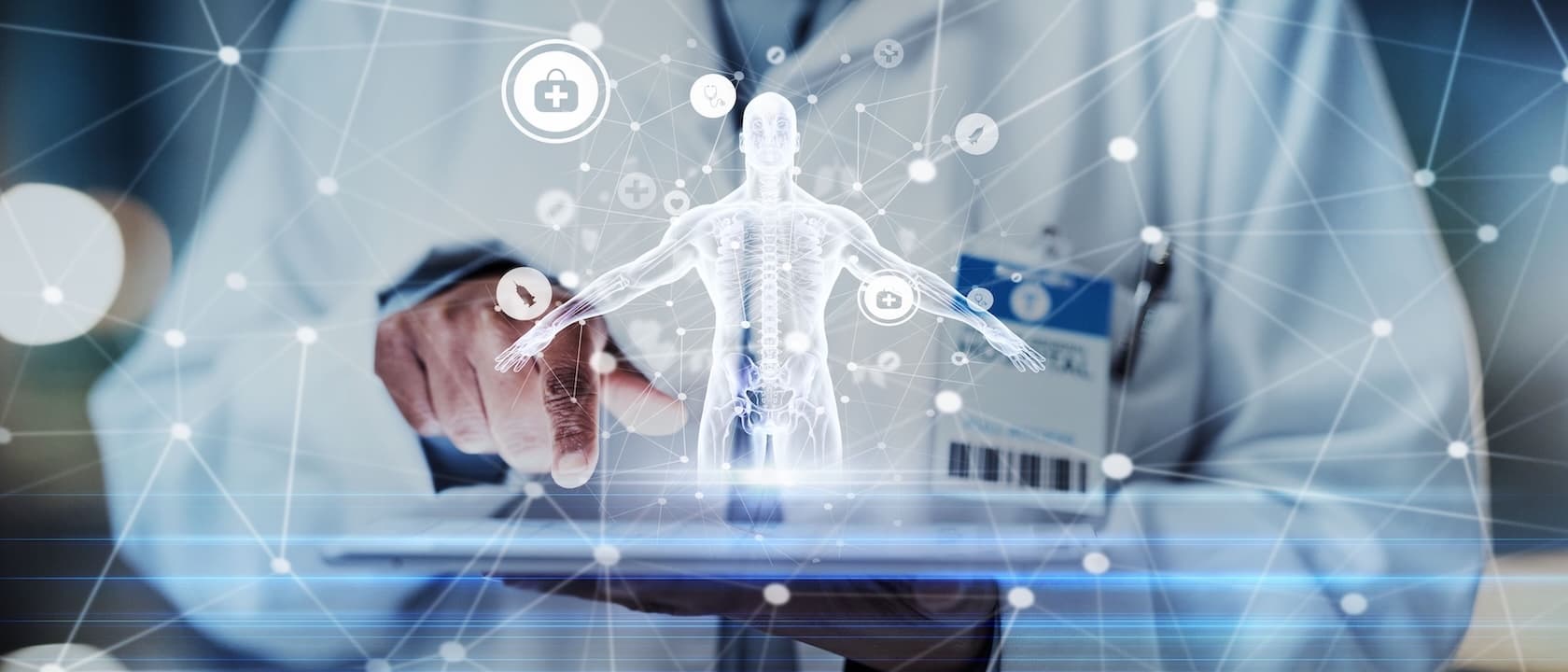 Abstract image representing AI connecting with healthcare symbols like a stethoscope and DNA strand.