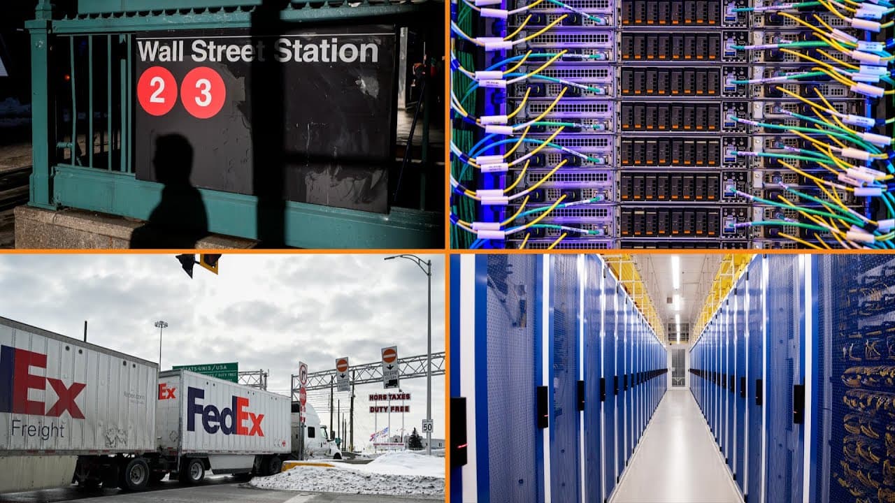 Rows of blue and white server racks in a data center, representing AI infrastructure.