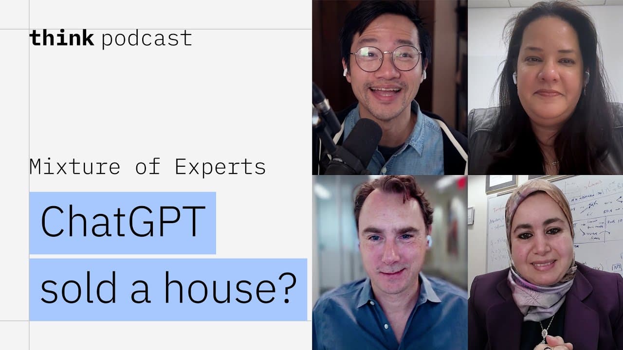 Split screen showing Tim Hwang on the left and Dr. Kaoutar El Maghraoui on the right, discussing AI in science.