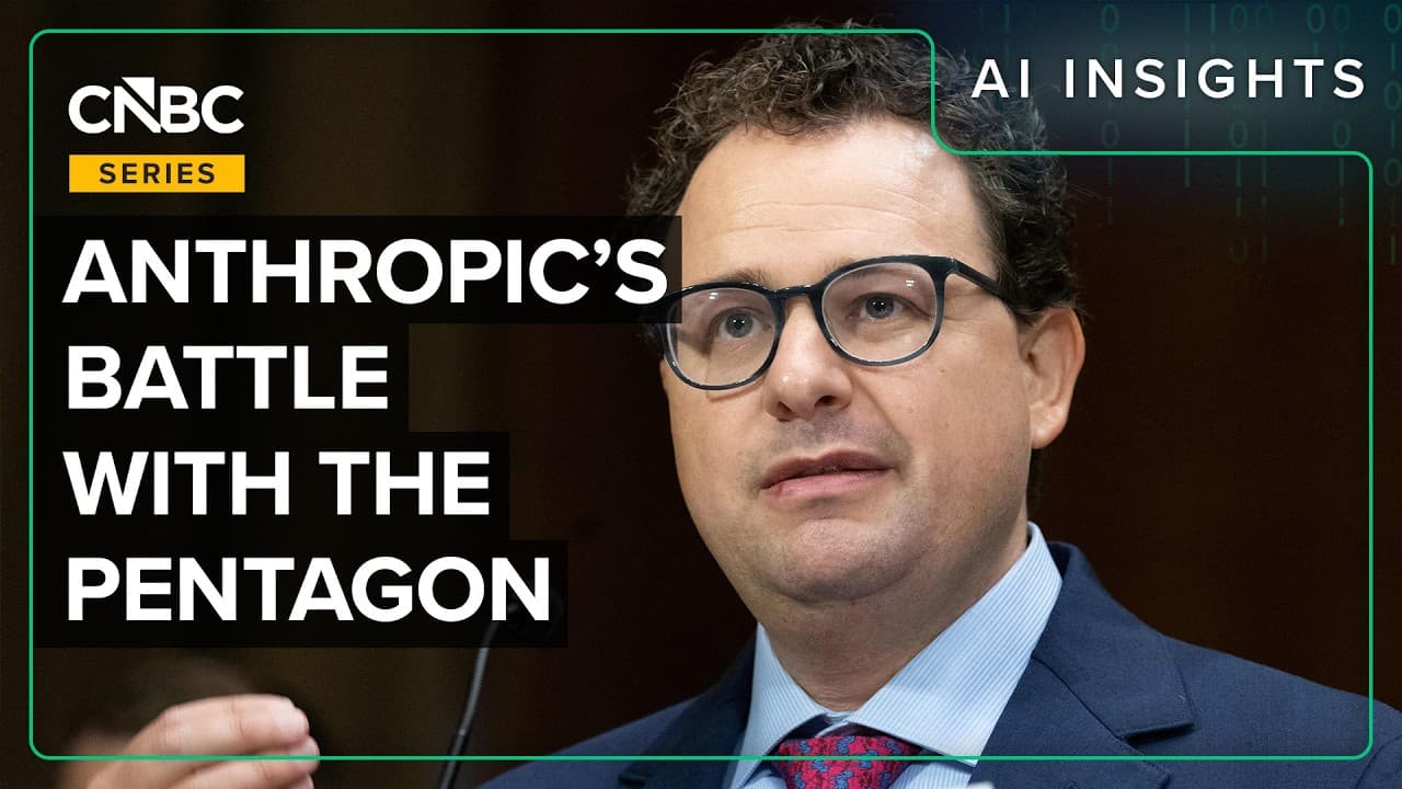 An aerial view of the Pentagon building, symbolizing the US Department of Defense, with text overlays related to Anthropic and AI disputes.